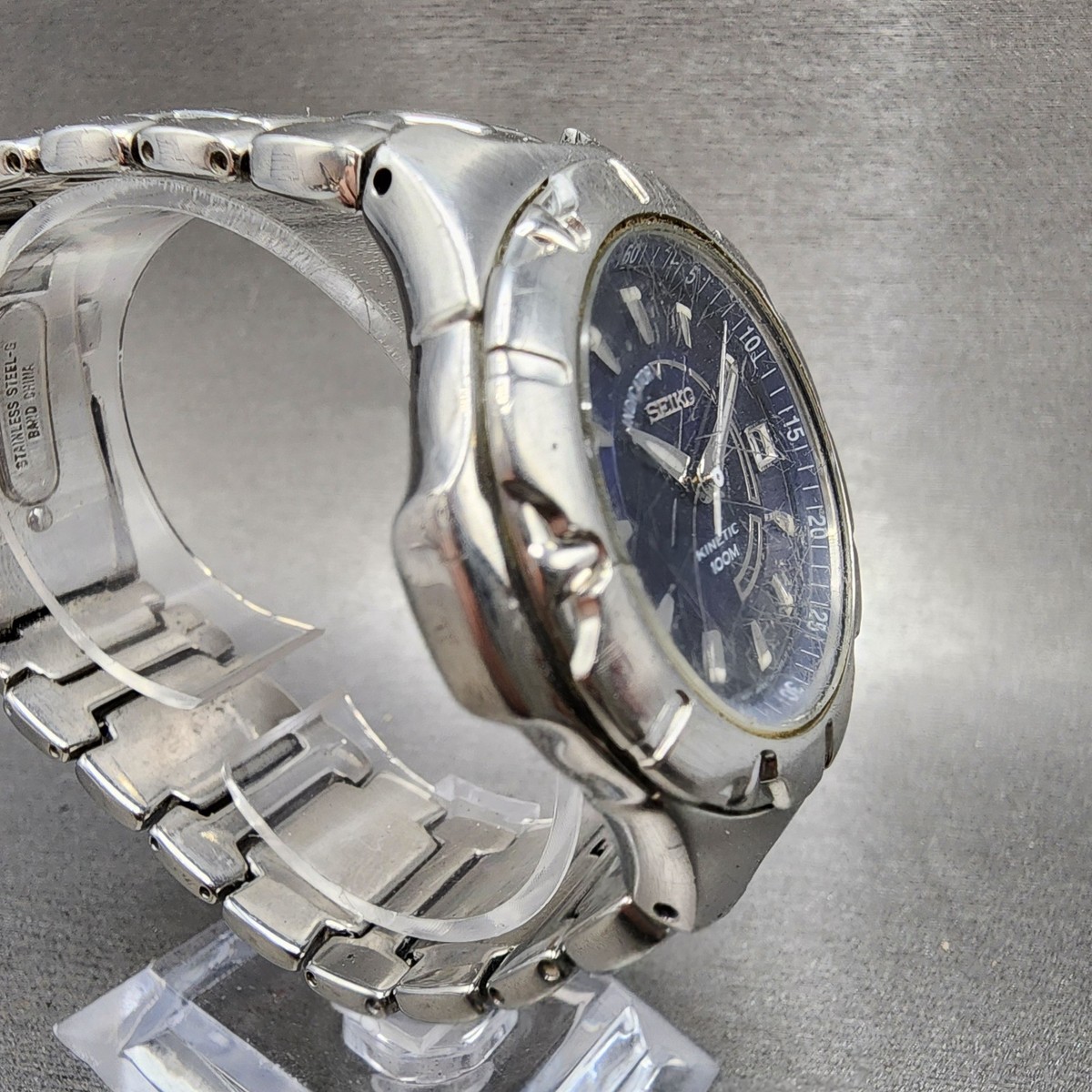 Seiko Kinetic Watch Men 40mm Blue Dial Silver Tone Date 5m62-0ah0