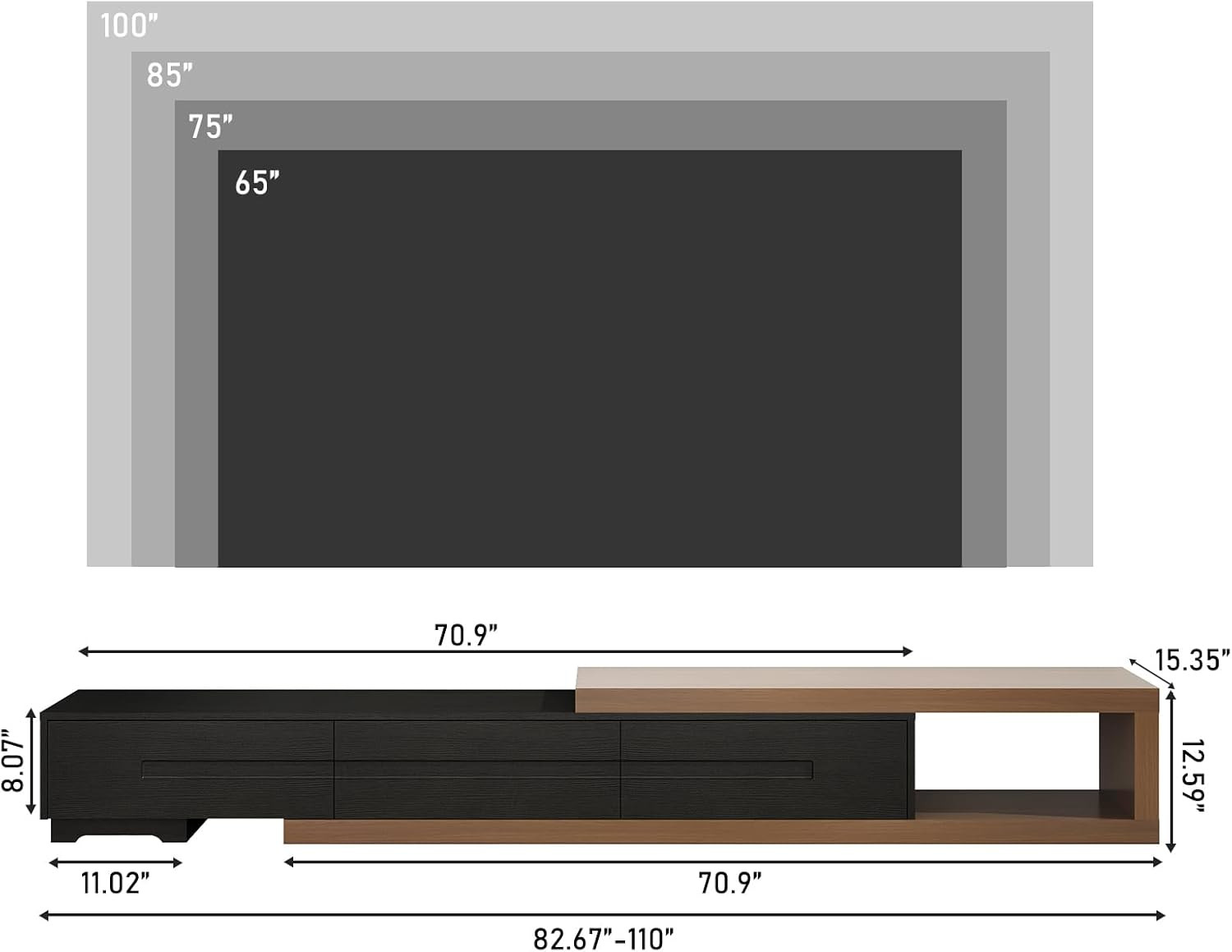 Extendable TV Stand, Modern Entertainment Center for up to 120 Inch TV, Wood Rev