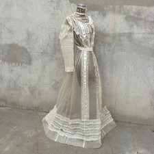 Antique Edwardian Organza  Lace Dress Silk Ribbon Embroidery Sheer Vintage