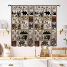 Rustic Cabin Kitchen Curtains,Country Lodge Bear Deer Wildlife Fall Forest An...