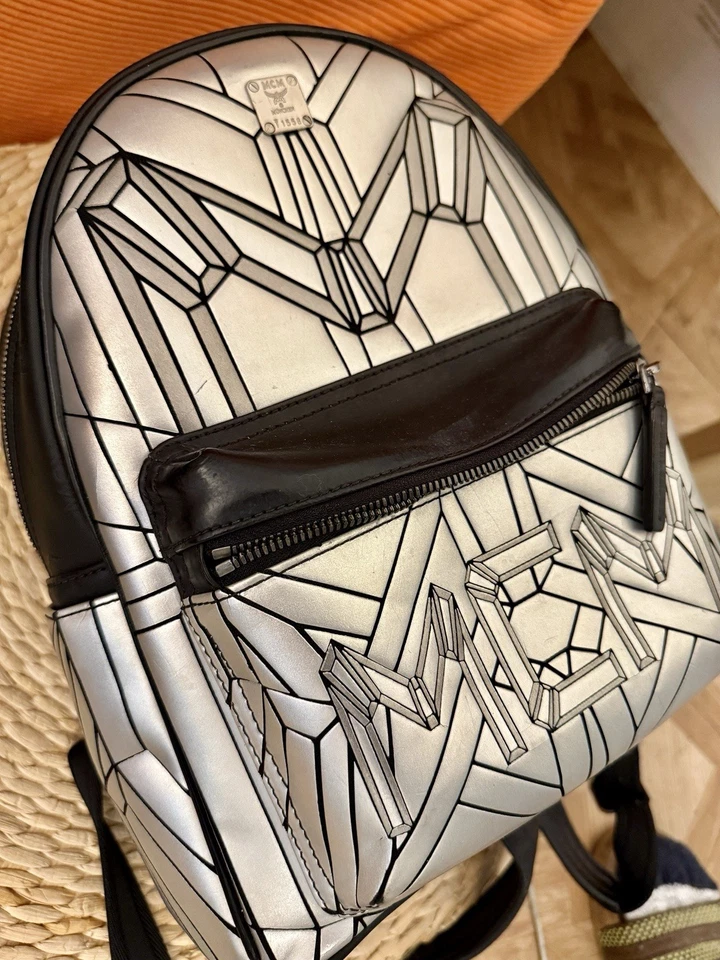 MCM Small Metallic Bionic Series Backpack, Silver, Authentic, MSRP $1,210 - Image 2 of 4