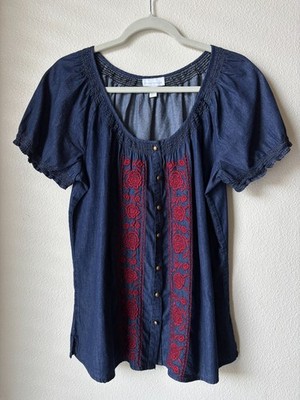 Charter Club Button Up Peasant Blouse Size 14 Navy Red Floral Cowgirl Bohemian
