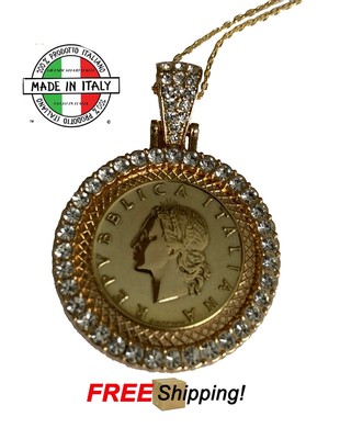 Italienische 18K GP 100 Lira Münze Diamant Akzent Anhänger verstellbar Kette Halskette