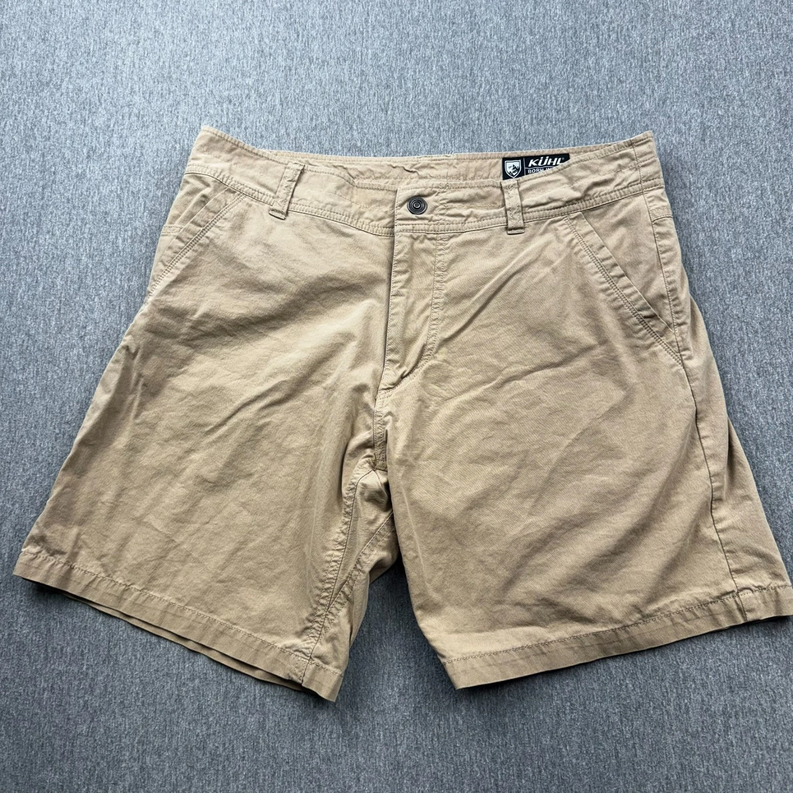 Kuhl Renegade Flat Front Shorts Mens 36 Khaki 8" Inseam Outdoor Hiking