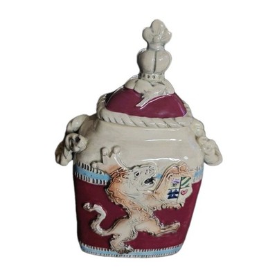 Blue Sky Heather Goldminc Lion Crest Jar 2012 Maroon Ceramic Lidded Canister