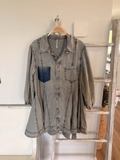 Free People Hannah Denim Mini Dress Puff Sleeve Pocket Smocked Medium EUC