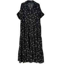 Tatiana Semi-Sheer Midi Dress Black Floral Sz 22 Silk Blend Cottagecore Tiered
