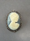 Jw1 Vintage Cameo on Blue Oval Brooch Pendant Costume Jewelry C179