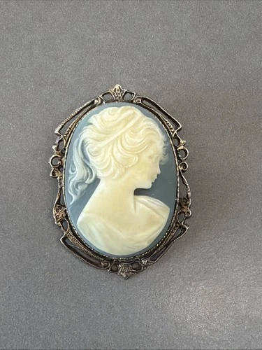 Jw1 Vintage Cameo on Blue Oval Brooch Pendant Costume Jewelry C179