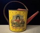 Vintage J Chein Tin Litho Toy Watering Can USA Child Garden Scene Yellow