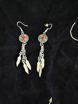 Native American Ethnic Feather Dangle Earrings Silver Red Green Hook for Women