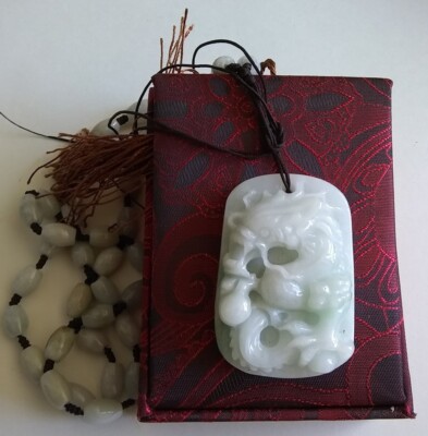 Natural AAA jade necklace Oval beads 22 inch long with 2 inch dragon pendant USA