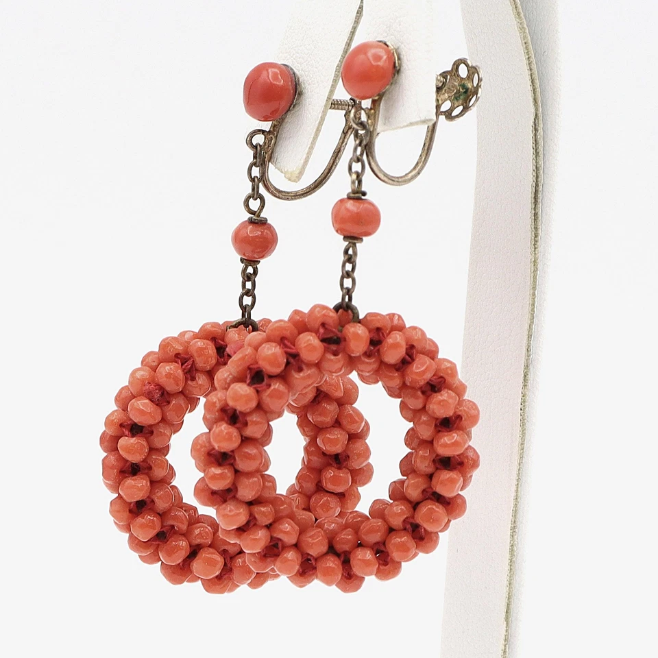 Pendientes colgantes vintage chapados en oro plata coral rojo tejido con cuentas Foto 2 de 4