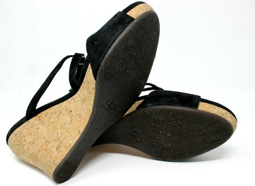 UGG Jullita Shoes Womens 8.5M Black Suede Leather Strappy Cork Wedge Heels - Picture 7 of 9