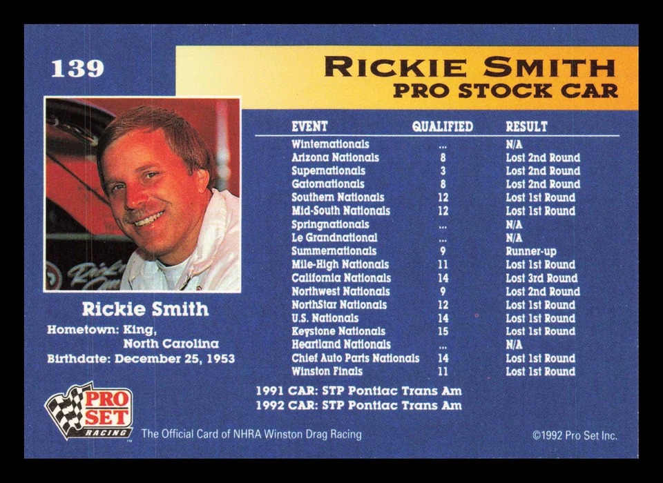 Rickie Smith's Car #139 1992 Pro Set NHRA - Image 2 of 2
