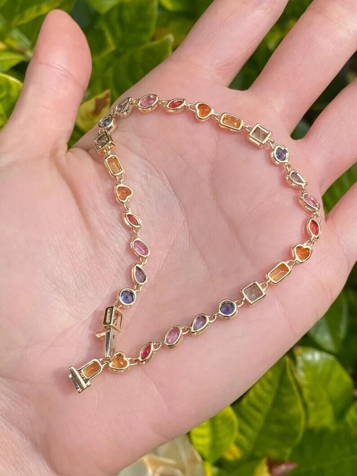 Pulsera chapada en oro de múltiples piedras preciosas de 18k, piedras de colores, vibrante joyero arco iris Foto 3 de 4