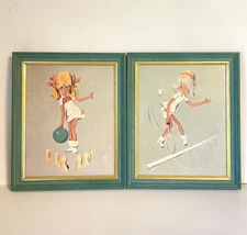 Pair of Vtg D.O.C. Donald Art Co Retro Girls Bowling Tennis Framed Art 9.5x11.5