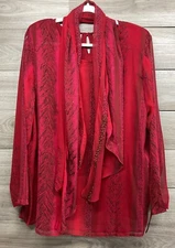 Kaktus Red Floral Artsy Flowy Top 2X Pullover Sheer W/Scarf Side Ties Feminine