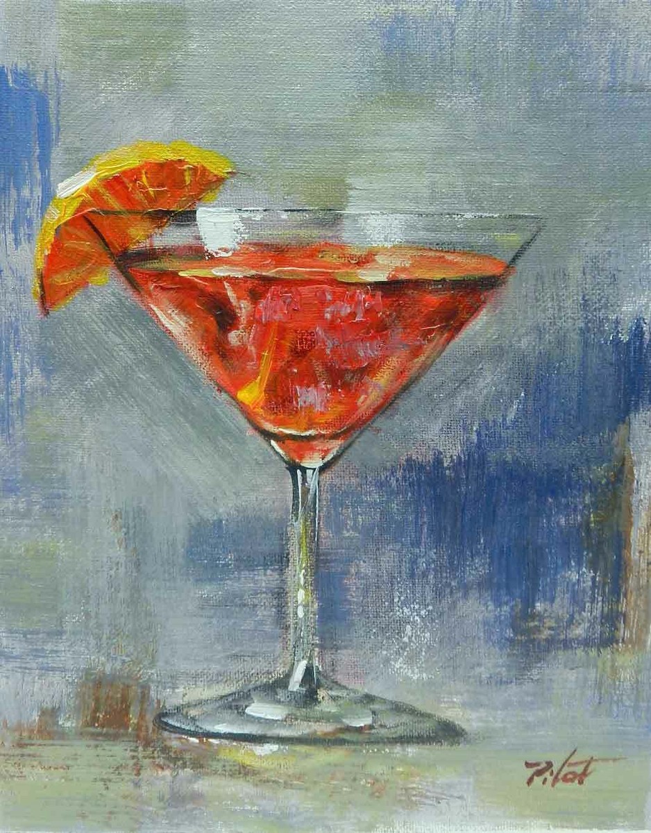 8x10 Martini Red Orange Cocktail Original Canvas Oil Painting New