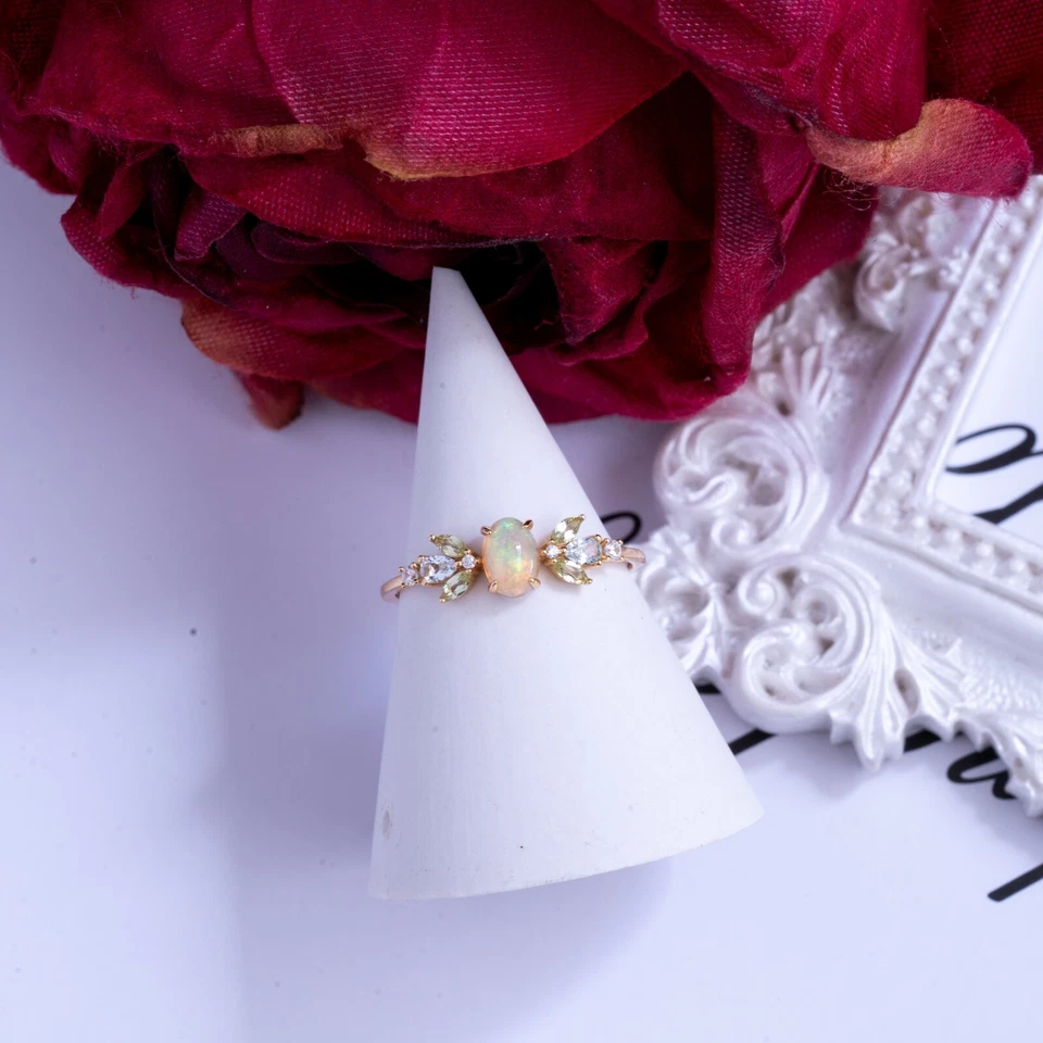 Anel oval de opala de fogo com pedra de nascimento peridoto cristal noivado/proposta/promessa - Imagem 3 de 4