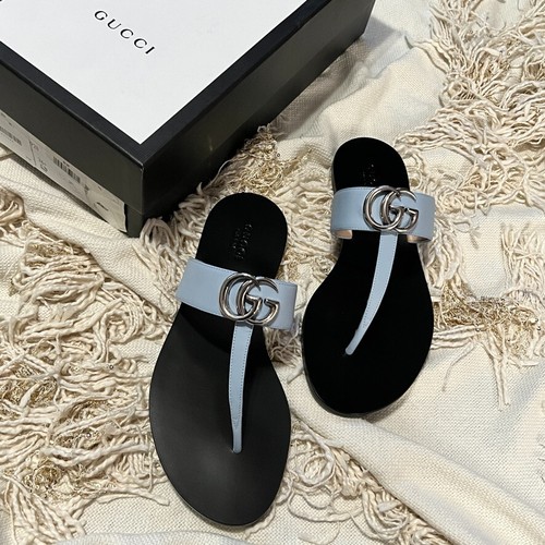 GUCCI Marmont Leather Thong Sandals with Double GG Sky Blue Black Size   NEW | eBay