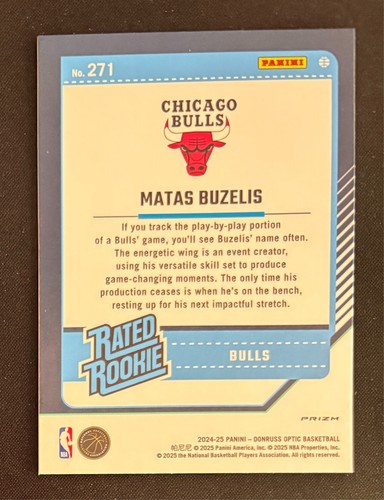 2024-25 Donruss Optic Matas Buzelis Rated Rookie Hyper Pink Holo Prizm Bulls RC - Picture 2 of 2