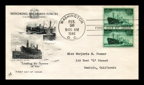 US COVER WORLD WAR II MERCHANT MARINE FIRST DAY ISSUE SCOTT 939 PAIR ARTCRAFT