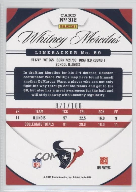 2012 Certified New Generation Mirror Blue /100 Whitney Mercilus #312 Rookie RC - Image 2 of 2