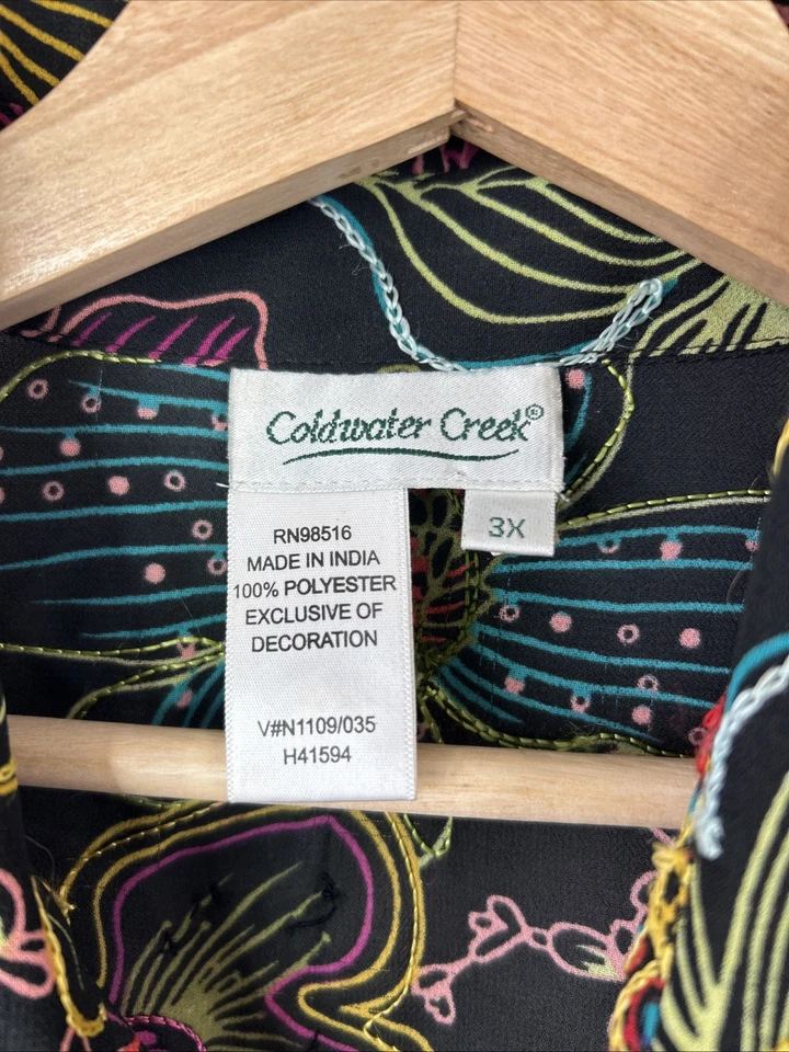 Coldwater Creek 3X Black Multicolor Floral Embroidered Sequin Button Up Blouse - image 2 of 4