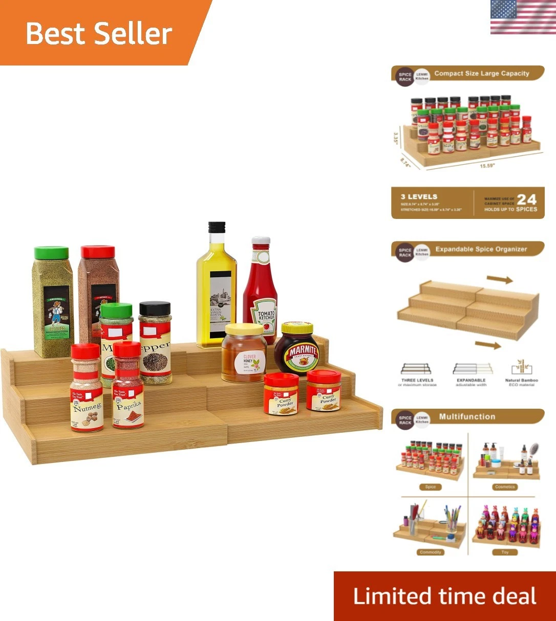 Spice Rack Organizer for Cabinet, 3 Tier Expandable Bamboo Spice Storage for ...
