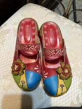 Socofy Womens Leather Platform Shoe Euro Size 39 Retro Boho Flower Colorful Mule
