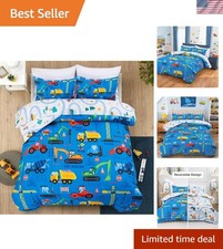 Kids Bedding Set Cartoon Construction Trucks Tractors Twin Size 5 Piece