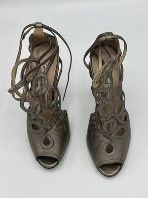 Oscar de la Renta Women s Matallic Gold Strappy Peep Toe Lace Up Heel US 8