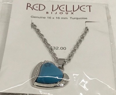 NEW RED VELVET BIJOUX GENUINE TURQUOISE HEART PENDANT NECKLACE 16 X 16 Mm