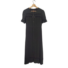 Quince Lightweight Crepe Lace Inset Midi Dress TRUE Black Basic Sleeved XS