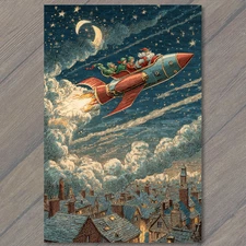 POSTCARD Santa Claus Flying Rocket Over City Night Sky Whimsical Christmas Art