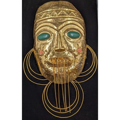 16- Gold Metal Alloy Tribal Mask with Gemstone and Shell Inlay, SALE