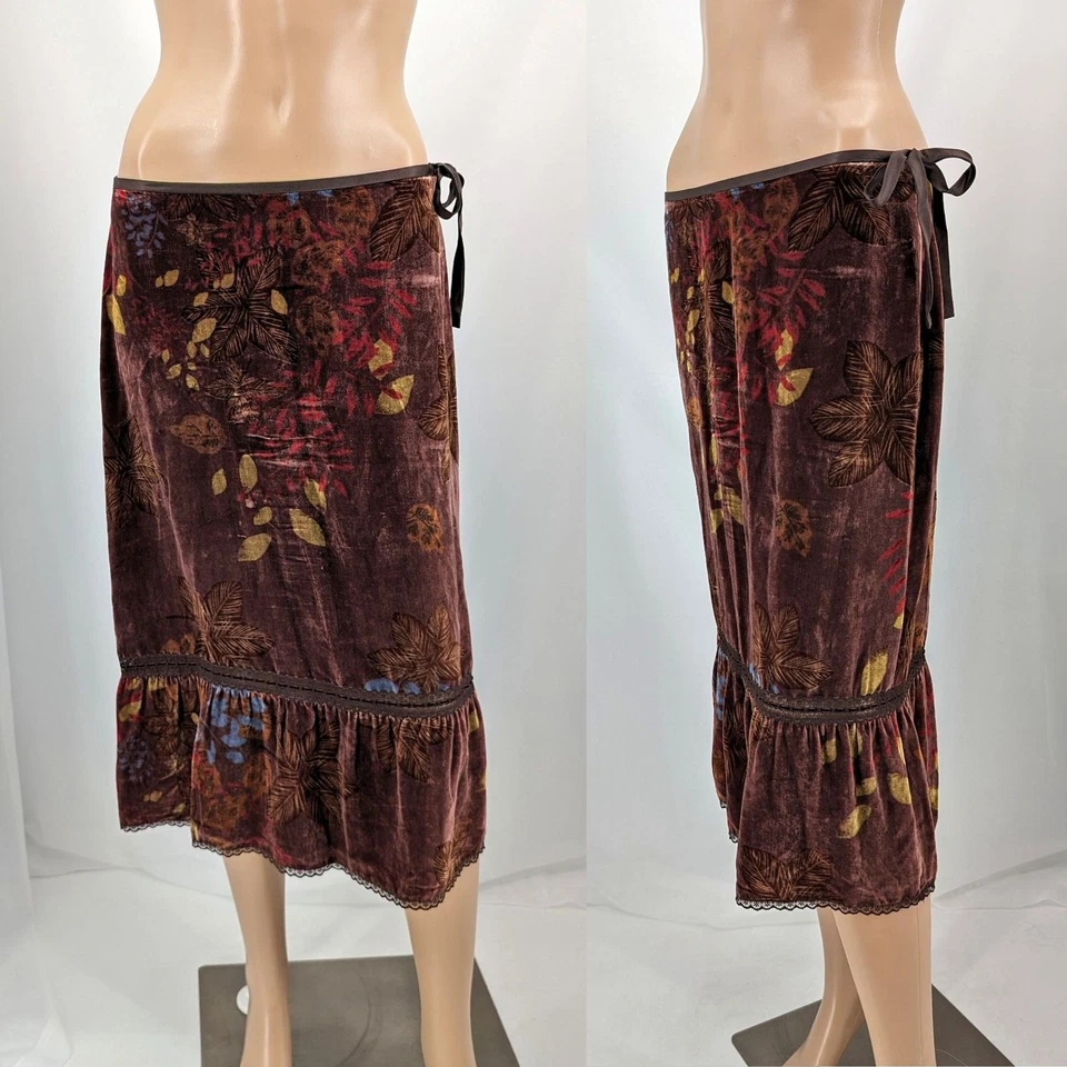 Falda midi vintage de terciopelo de seda Kenneth Cole marrón con volantes de hadas grunge talla 6 Y2K Foto 2 de 4