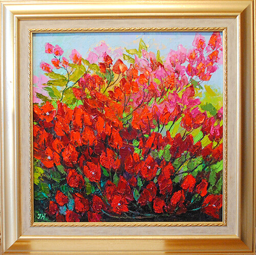 Bougainvillea. Original framed oil on cardboard 14"x14" impressionistic painting