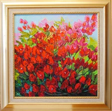 Bougainvillea. Original framed oil on cardboard 14"x14" impressionistic painting