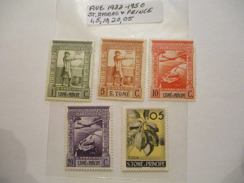 Five 1933-1950 St. Thomas & Prince Postage Stamps -1, 5, 10, 20, 05 Denomination