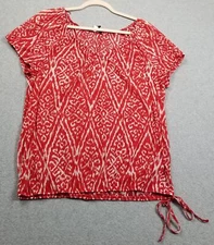 I.N.C Top Women’s Extra Large XL Red White Ikat Short Sleeve V Neck Sheer Thin