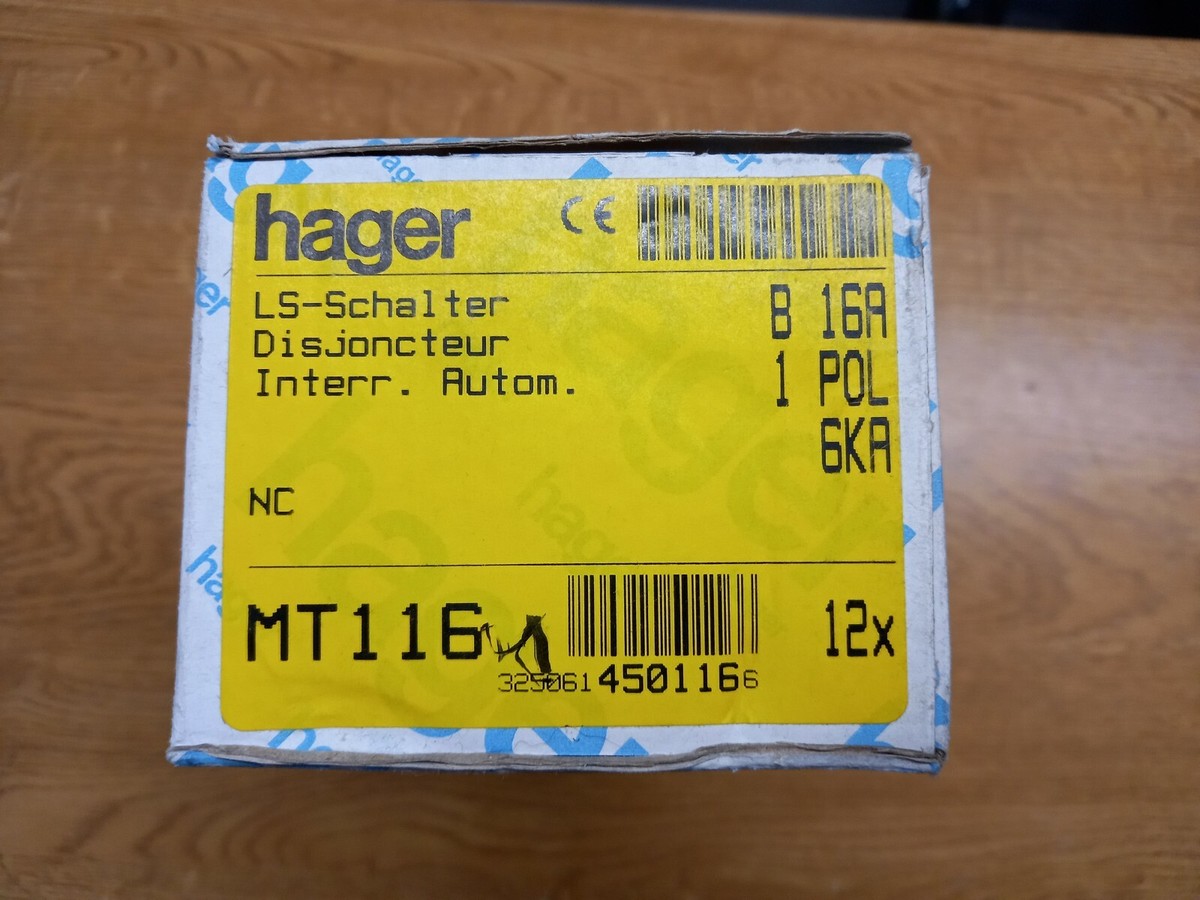 Interruptor Automático Hager MT116 16A Tipo B 6kA - MCB Nuevo Para Instalaciones Eléctricas