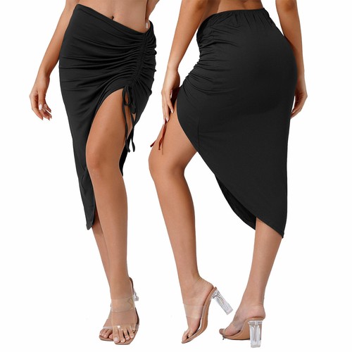 Damen Rüschen Schlitz Seitenröcke Hohe Taille Asymmetrisch Midi Bleistiftröcke - Bild 12 von 12