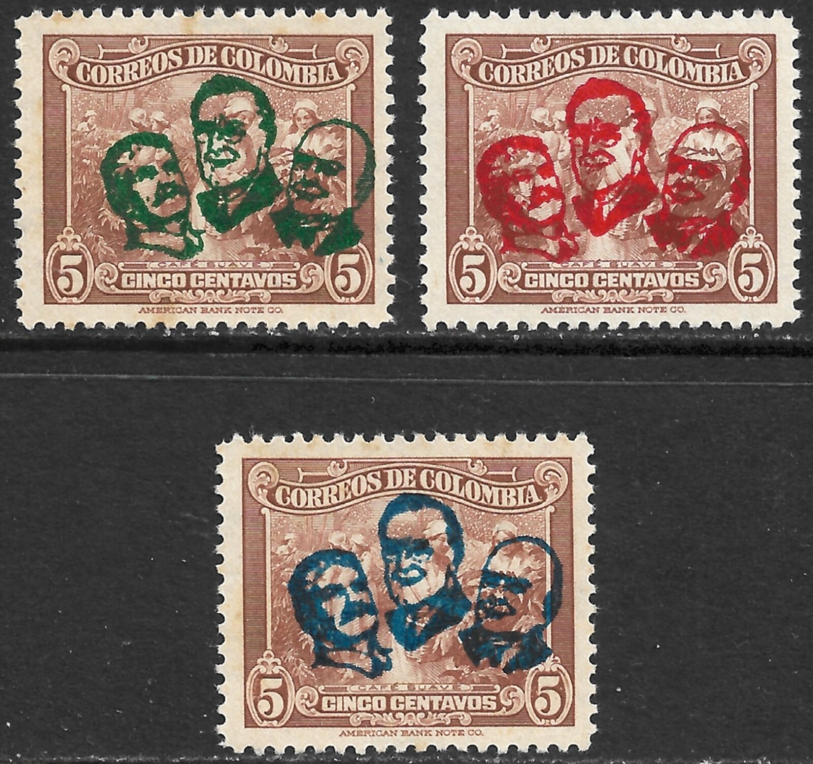 Colombia Scott #520-522 XF MNH Issued 1945 Overprint Stalin Roosevelt Churchill