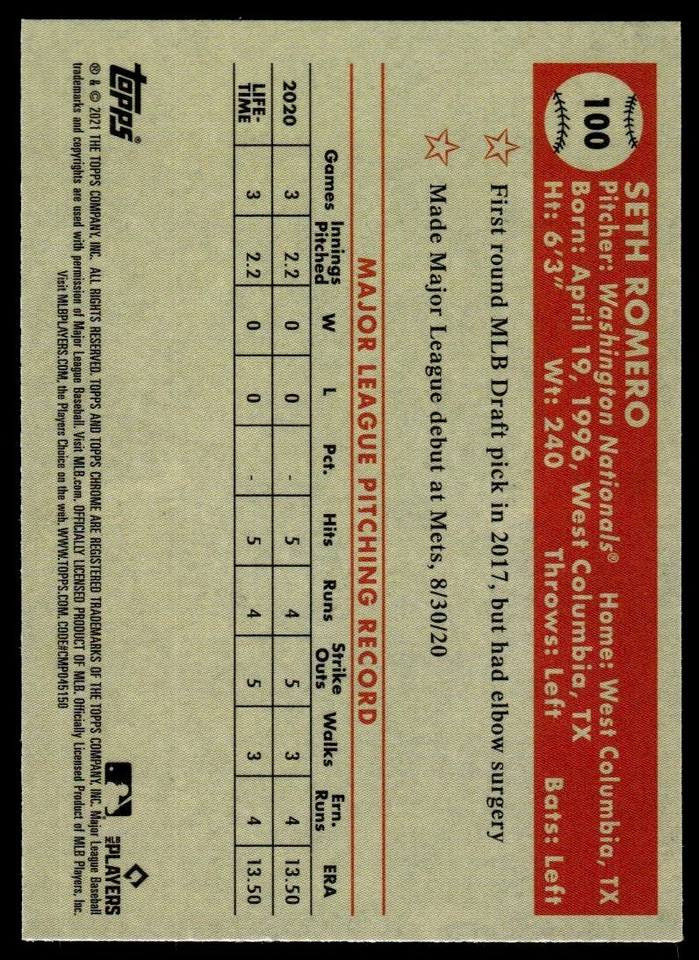 2021 Topps Chrome Platinum AQUA Seth Romero Washington Nationals #100 - Image 2 of 2