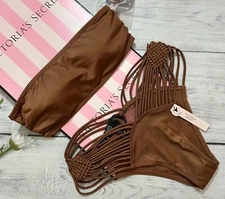 Victoria's Secret Swim Macrame Fringe Bandeau Bikini Top Cheeky Set Caramel