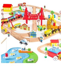 over 110 Wooden Train Set with Tracks, Bridge, Vehicles, Figures