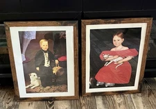 Lady In Red Cat Boy Dog Painting Print 12x14" Nice Framed Wood Glass