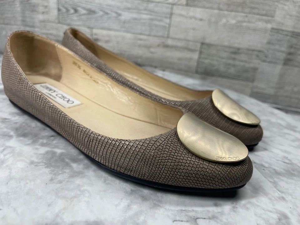 Jimmy Choo Ballet Pisos Mujer 5M Zapatos Gris Cuero Lagarto Sin Cordones Mocasines Exóticos Foto 2 de 4